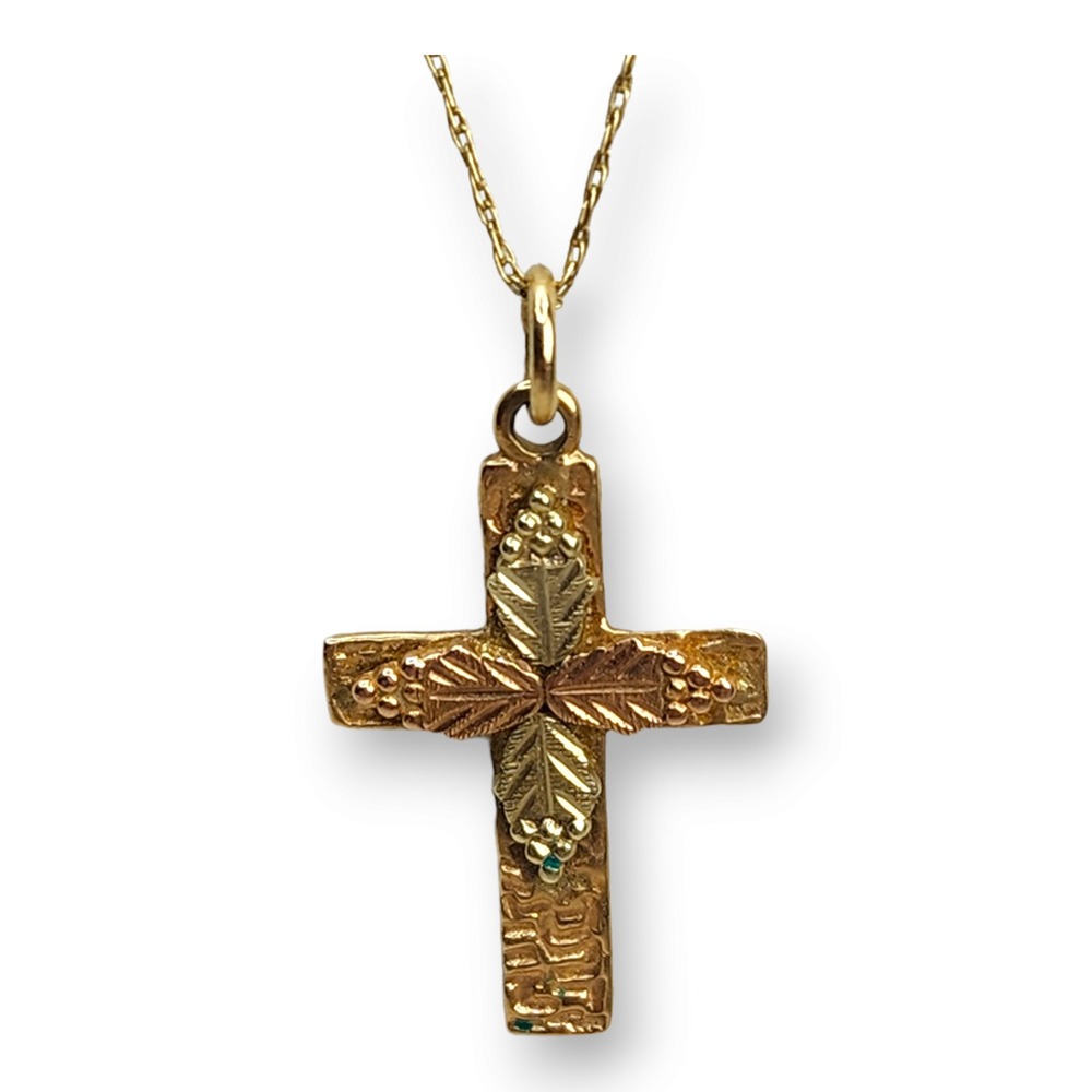 Black Hills Gold Cross Pendant 10KT Gold 20 Inch Necklace Tri-Color Leaf Vintage